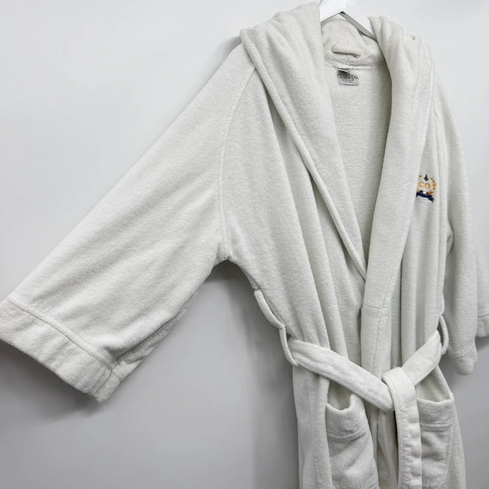 Vintage Christian Dior Monsieur Robe OS Terry Cloth Hooded Quiet Luxury Logo Spa